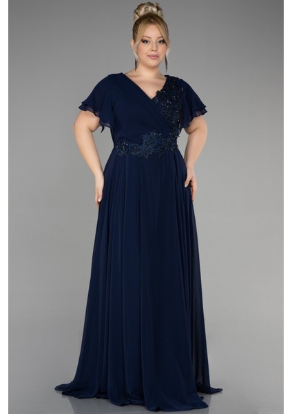 Uzun Taş Işlemeli Şifon Kısa Kol Büyük Beden Abiye ABU1562