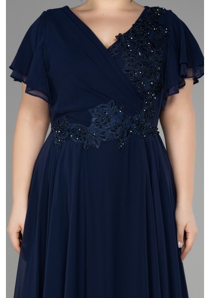 Uzun Taş Işlemeli Şifon Kısa Kol Büyük Beden Abiye ABU1562 modelleri