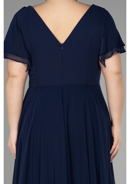 Uzun Taş Işlemeli Şifon Kısa Kol Büyük Beden Abiye ABU1562 fırsatları