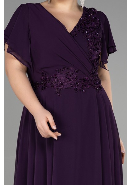 Uzun Taş Işlemeli Şifon Kısa Kol Büyük Beden Abiye ABU1562 modelleri