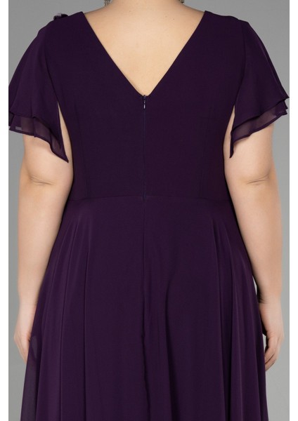 Uzun Taş Işlemeli Şifon Kısa Kol Büyük Beden Abiye ABU1562 fırsatları