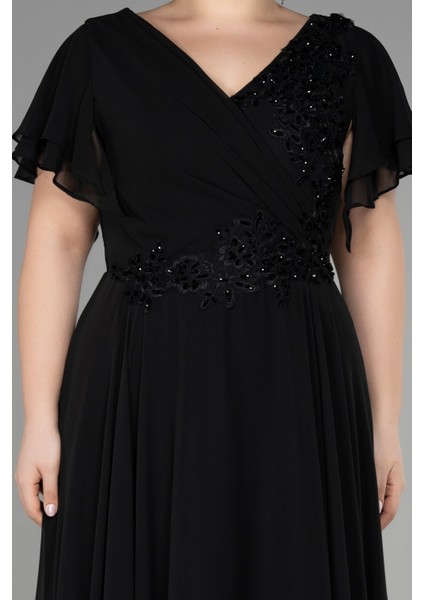 Uzun Taş Işlemeli Şifon Kısa Kol Büyük Beden Abiye ABU1562 modelleri