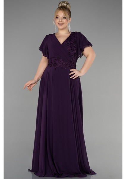 Uzun Taş Işlemeli Şifon Kısa Kol Büyük Beden Abiye ABU1562