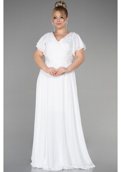 Uzun Taş Işlemeli Şifon Kısa Kol Büyük Beden Abiye ABU1562