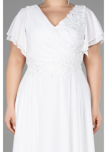 Uzun Taş Işlemeli Şifon Kısa Kol Büyük Beden Abiye ABU1562 modelleri