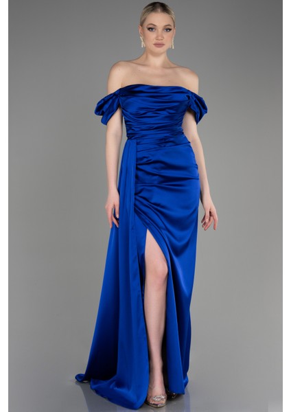 Kayık Yaka Kuyruklu Uzun Saten Abiye ABU1606