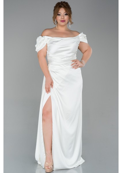 Kayık Yaka Uzun Saten Büyük Beden Abiye ABU1626