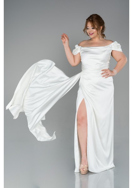 Kayık Yaka Uzun Saten Büyük Beden Abiye ABU1626 indirimleri