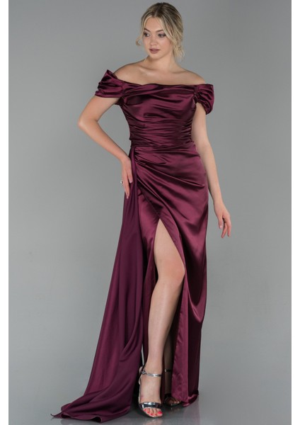 Kayık Yaka Kuyruklu Uzun Saten Abiye ABU1606