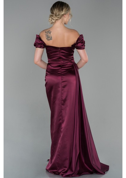 Kayık Yaka Kuyruklu Uzun Saten Abiye ABU1606 fiyatları