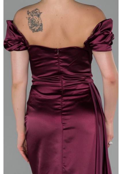 Kayık Yaka Kuyruklu Uzun Saten Abiye ABU1606 fırsatları