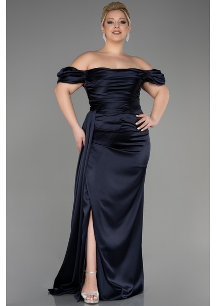 Kayık Yaka Uzun Saten Büyük Beden Abiye ABU1626