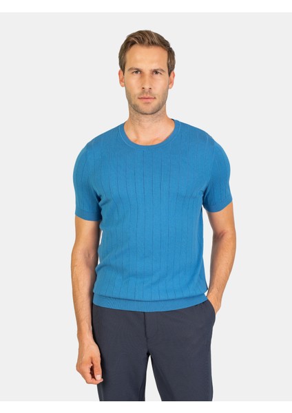 Erkek Slım Fıt Triko T-Shırt-Havacı Mavi
