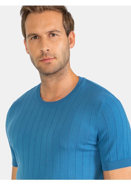 Erkek Slım Fıt Triko T-Shırt-Havacı Mavi modelleri
