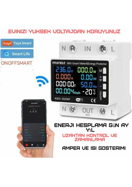 Onoffsmart Tuya Destekli Akıllı Wi-Fi Yüksek voltaj Akım Koruma  63 A Isı Gostergeli Anahtar Devre Koruyucu Kesici