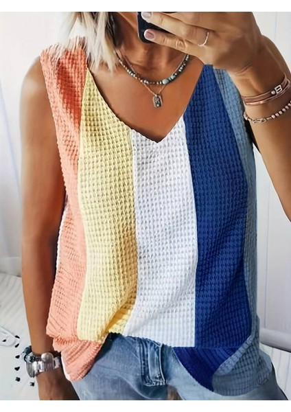Kadın Sıfır Kol V Yakalı Çok Renkli Triko Bluz