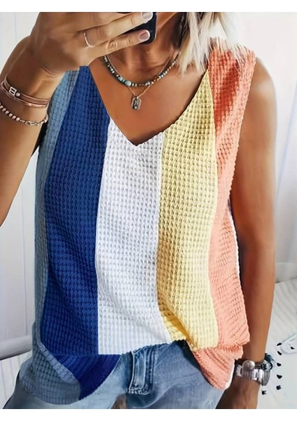 Kadın Sıfır Kol V Yakalı Çok Renkli Triko Bluz modelleri