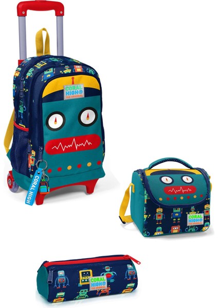 Kids Lacivert Civit Robot Desenli Üç Bölmeli Çekçekli Okul Sırt Çantası 3'lü Set 3SET23380