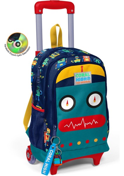 Kids Lacivert Civit Robot Desenli Üç Bölmeli Çekçekli Okul Sırt Çantası 3'lü Set 3SET23380