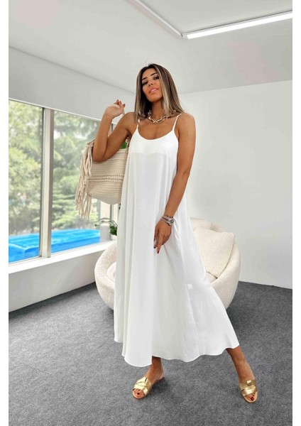 Kadın Aerobin Kumaş Ayarlanabilir Askılı V Yaka Bol Kesim Maxi Boy Elbise