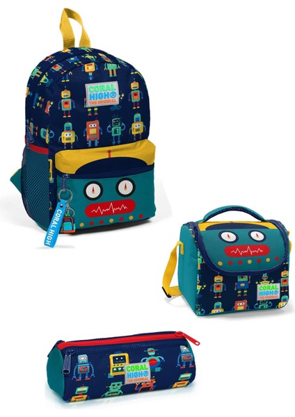 Kids Lacivert Robot Desenli Iki Bölmeli Yuva Sırt Çantası 3'lü Set 3SET23348