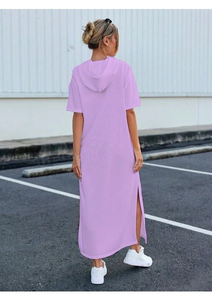 Kadın Süprem Kumaş Kapşonlu Kısa Kollu Yırtmaç Detaylı Elbise fiyatları