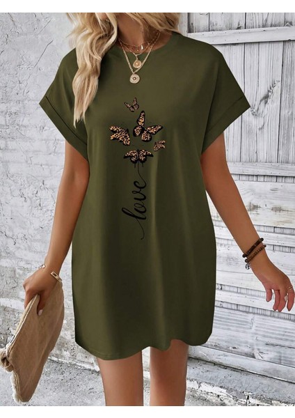 Kadın Kısa Kollu Bisiklet Yaka Kelebek Baskılı Viskon Elbise modelleri