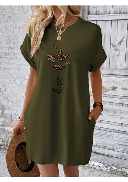 Kadın Kısa Kollu Bisiklet Yaka Kelebek Baskılı Viskon Elbise indirimleri