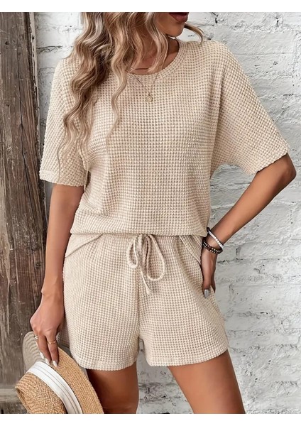 Kadın Kısa Kollu Bisiklet Yaka Alt ve Üst Waffle Ikili Takım fiyatları