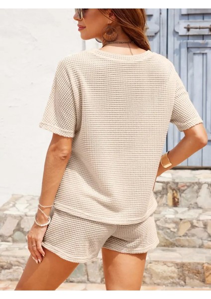 Kadın Kısa Kollu Bisiklet Yaka Alt ve Üst Waffle Ikili Takım fırsatları