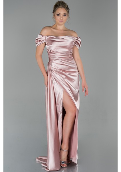 Kayık Yaka Kuyruklu Uzun Saten Abiye ABU1606