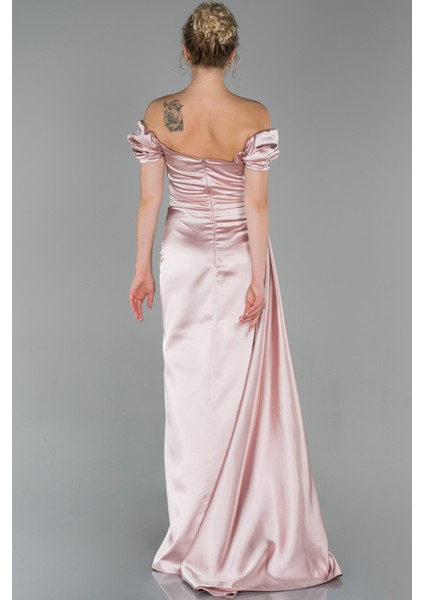 Kayık Yaka Kuyruklu Uzun Saten Abiye ABU1606 fiyatları