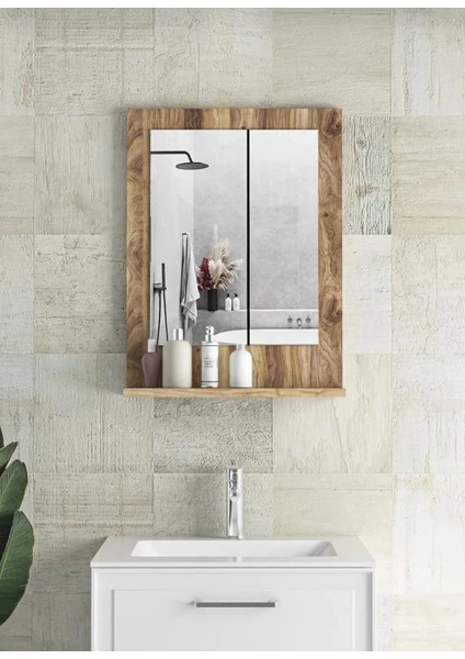 Mira Ahşap 45X60CM Ceviz Raflı Banyo Aynası Dik