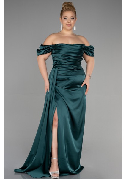 Kayık Yaka Uzun Saten Büyük Beden Abiye ABU1626