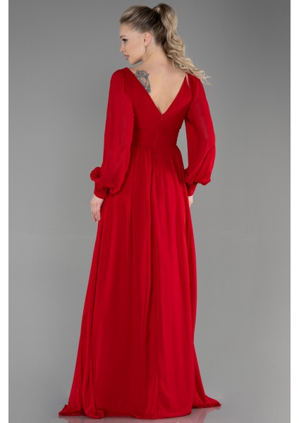 Uzun Kol Bacak Dekolteli Şifon Abiye Elbise ABU1702 fiyatları