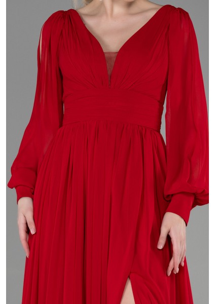 Uzun Kol Bacak Dekolteli Şifon Abiye Elbise ABU1702 modelleri