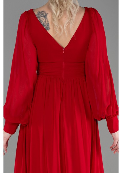 Uzun Kol Bacak Dekolteli Şifon Abiye Elbise ABU1702 fırsatları