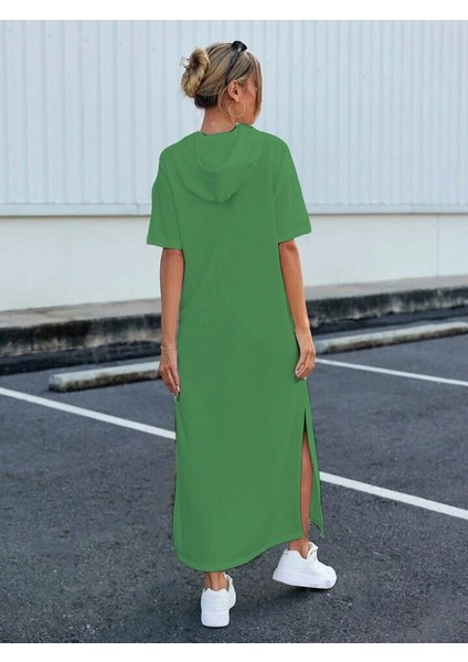 Kadın Süprem Kumaş Kapşonlu Kısa Kollu Yırtmaç Detaylı Elbise fiyatları