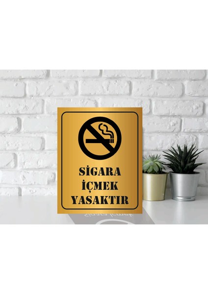 Sigara Içmek Yasaktır Yönlendirme Levhası Gold Aynalı Pleksi 15 x 12 cm