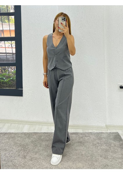 Kadın Pamuk Dokuma Ön Çimalı Palazzo Yelek Takım