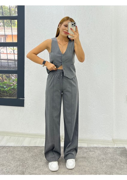 Kadın Pamuk Dokuma Ön Çimalı Palazzo Yelek Takım modelleri
