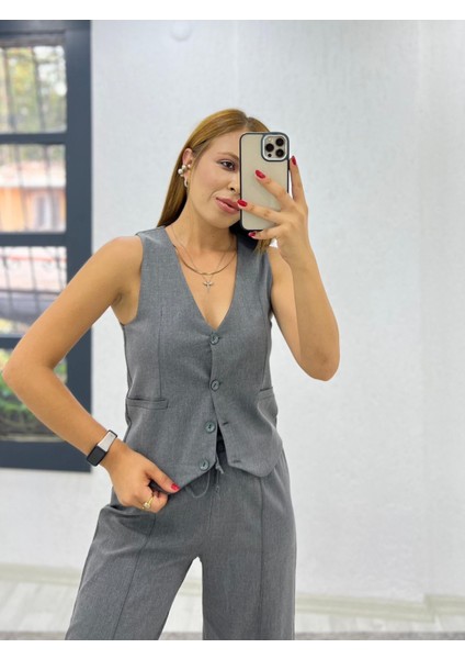 Kadın Pamuk Dokuma Ön Çimalı Palazzo Yelek Takım fırsatları