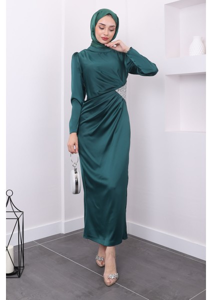 Zümrüt Yeşili Taş Detaylı Saten Abiye fiyatları