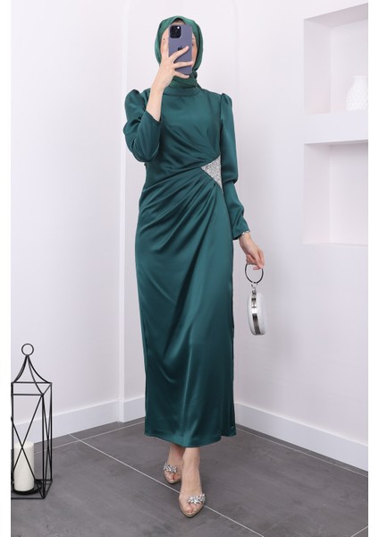 Zümrüt Yeşili Taş Detaylı Saten Abiye fırsatları