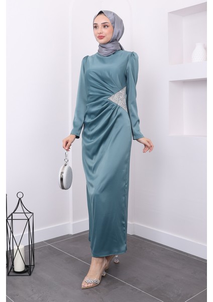 Mint Taş Detaylı Saten Abiye fiyatları