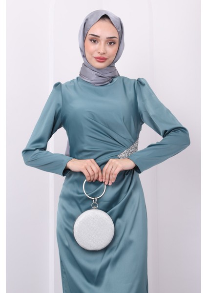 Mint Taş Detaylı Saten Abiye modelleri