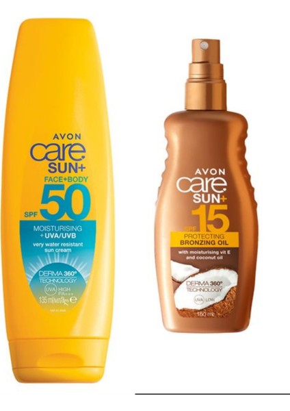 Care Sun+ Yüz ve Vücut Için Güneş Kremi SPF50 135ML + Avon Care Hindistan Cevizi Yağı Içeren Bronzlaştırıcı Yağ 150 ml