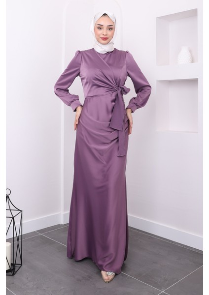 Gül Kurusu Ön Detaylı Drapeli Saten Abiye