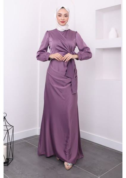 Gül Kurusu Ön Detaylı Drapeli Saten Abiye fiyatları