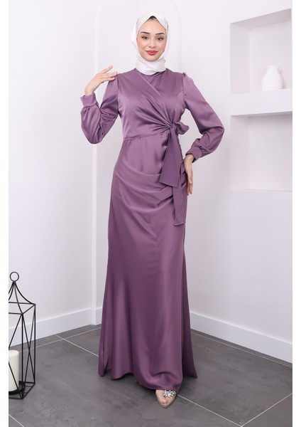 Gül Kurusu Ön Detaylı Drapeli Saten Abiye modelleri